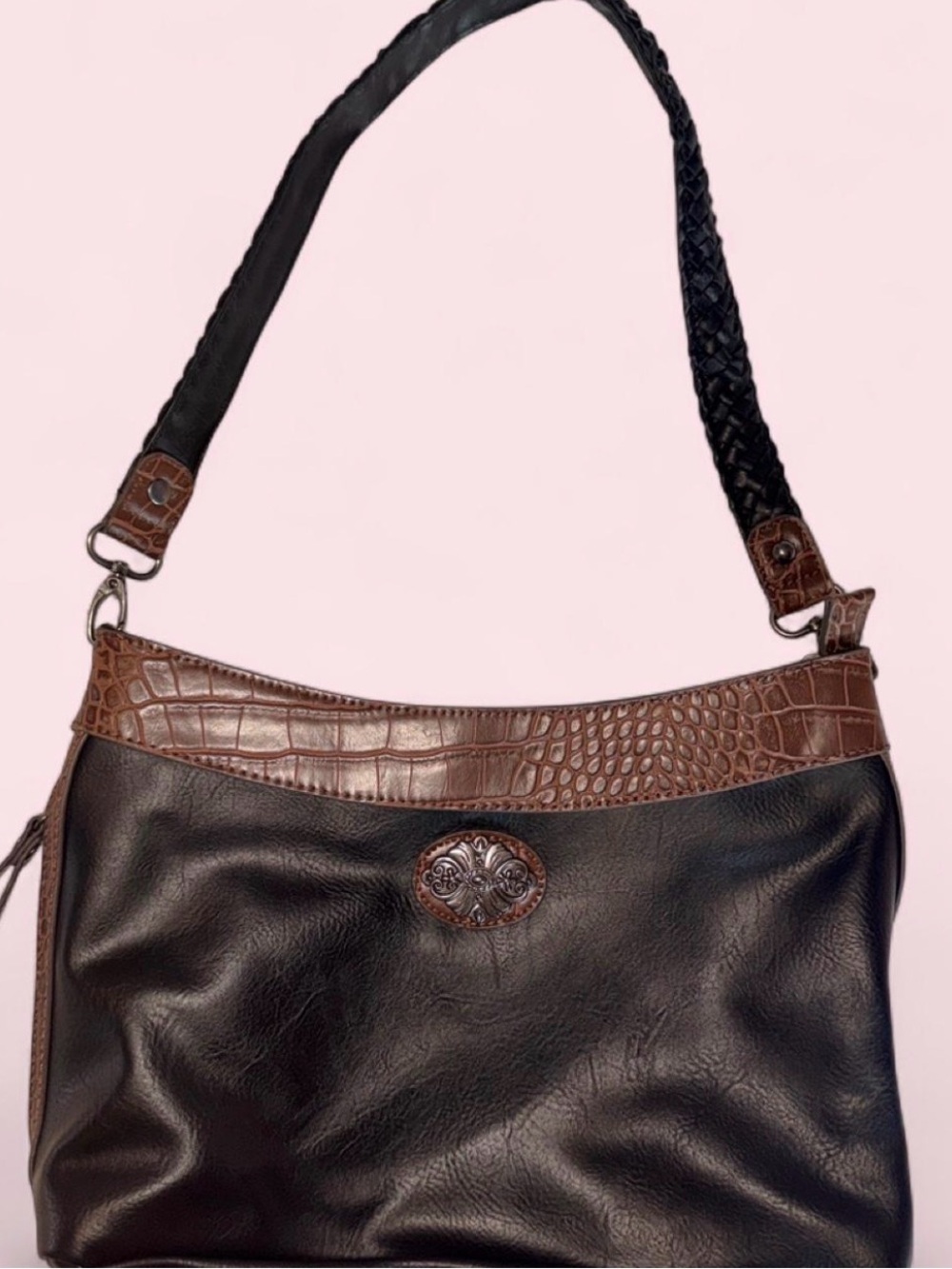Bueno Black and Brown Leather Shoulder Bag with Croc Accent